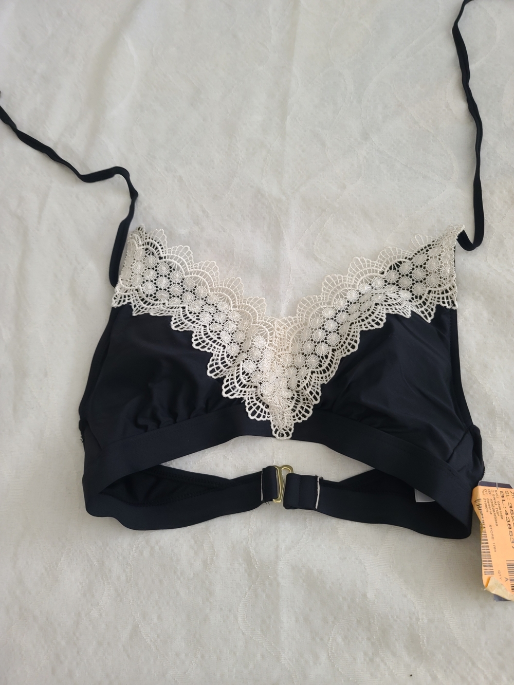 Black Swim Bralette with Cream Lace Trim